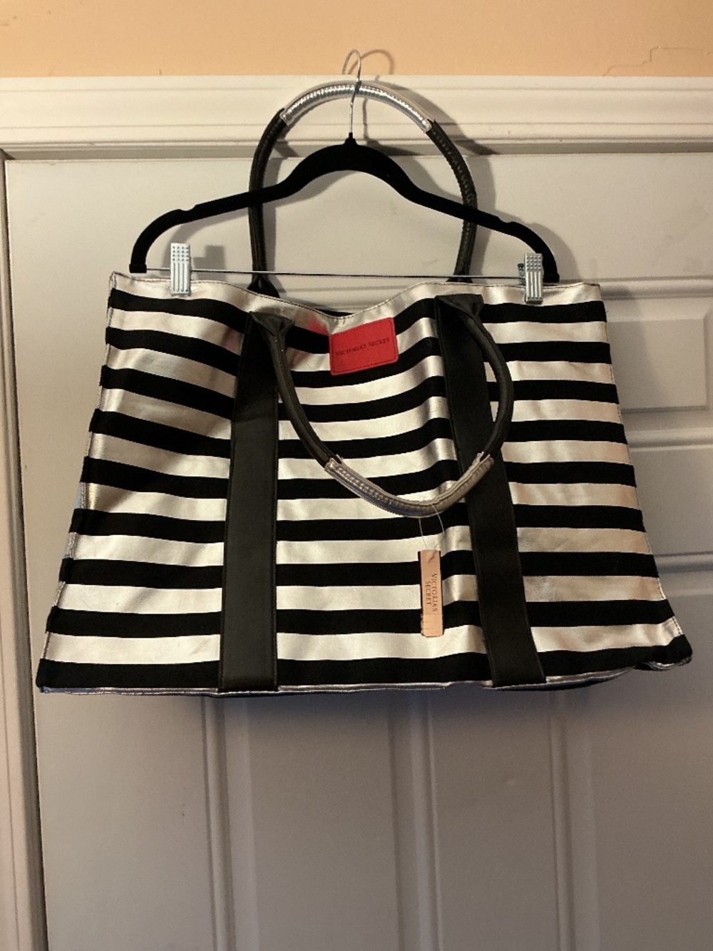 NEW Victoria’s Secret Weekender Tote Bag Metallic Black Silver Stripe Pink Logo